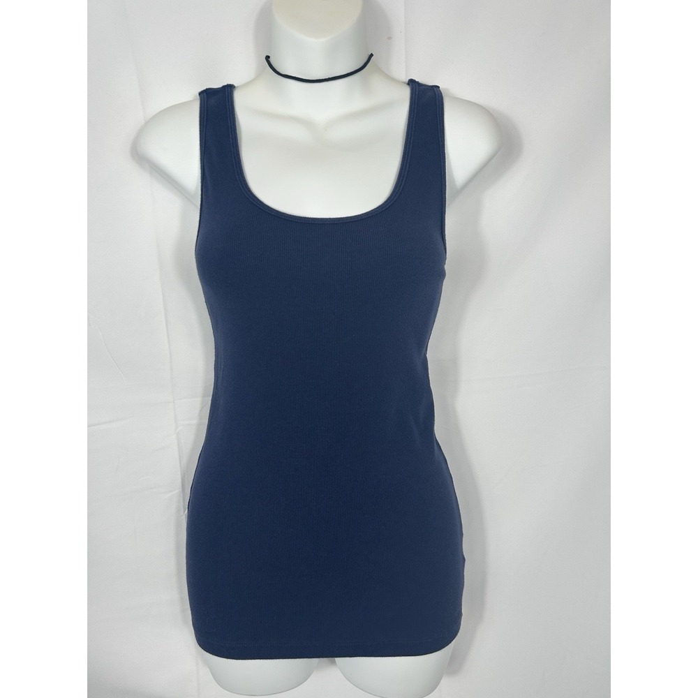 Vintage OId Navy Y2K Ribbed Knit Fitted Tank Top Size M Blue Elena Bella Swan